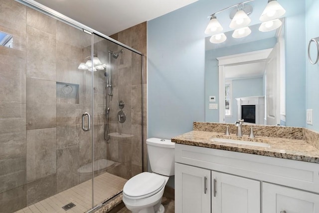 bathroom with vanity, a stall shower, and toilet