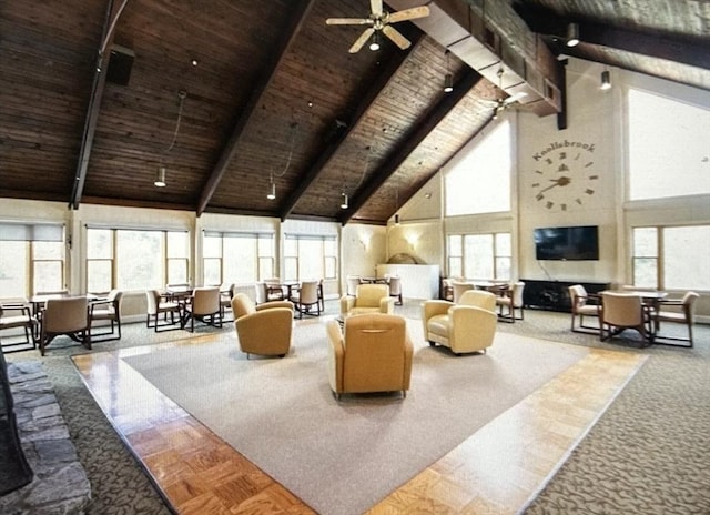 living room with ceiling fan, beamed ceiling, high vaulted ceiling, and wooden ceiling