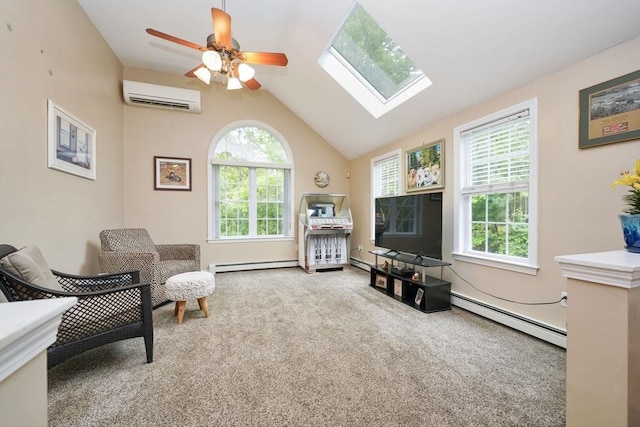 1 Fellowship Cir, Wareham, MA 02576 - living area with a wall mounted air conditioner, baseboard heating, a skylight, carpet floors, and vaulted ceiling