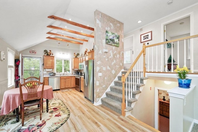 1 Fellowship Cir, Wareham, MA 02576 - kitchen with appliances with stainless steel finishes, light wood-style floors, light countertops, a sink, and recessed lighting