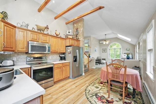 1 Fellowship Cir, Wareham, MA 02576 - kitchen with stainless steel appliances, baseboard heating, light wood-type flooring, a skylight, and decorative backsplash