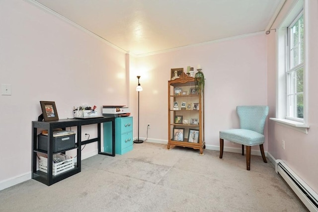 1 Fellowship Cir, Wareham, MA 02576 - living area with baseboard heating, crown molding, light colored carpet, and baseboards