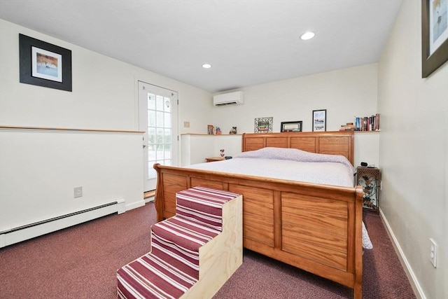 1 Fellowship Cir, Wareham, MA 02576 - carpeted bedroom featuring a wall mounted air conditioner, a baseboard heating unit, recessed lighting, baseboards, and access to exterior