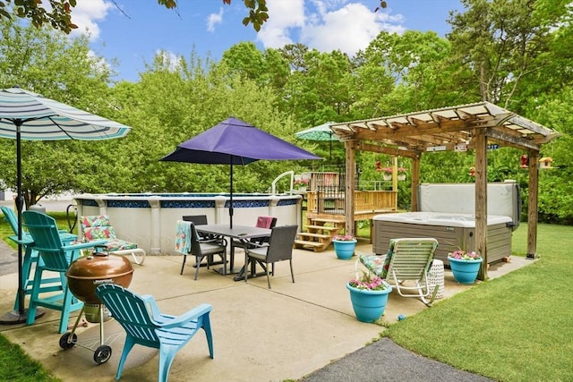 1 Fellowship Cir, Wareham, MA 02576 - view of patio with a hot tub, a pergola, an outdoor pool, and outdoor dining area