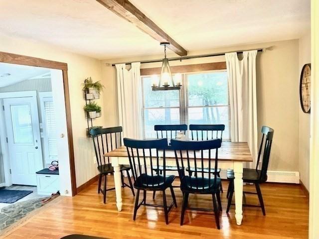 dining space with baseboards, a chandelier, wood finished floors, and beamed ceiling