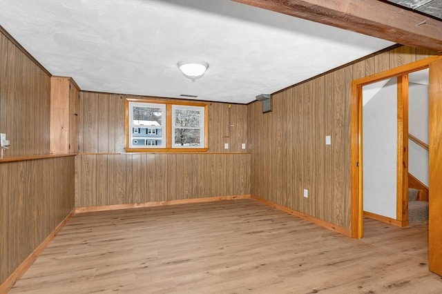 unfurnished room featuring wooden walls and light hardwood / wood-style flooring