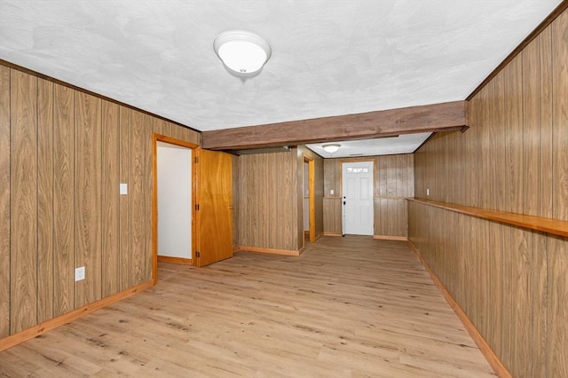 interior space featuring light hardwood / wood-style floors and wood walls