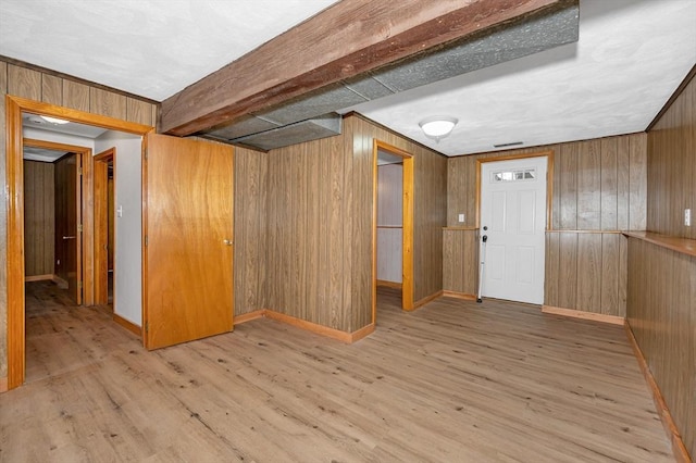 interior space with light hardwood / wood-style flooring and wood walls