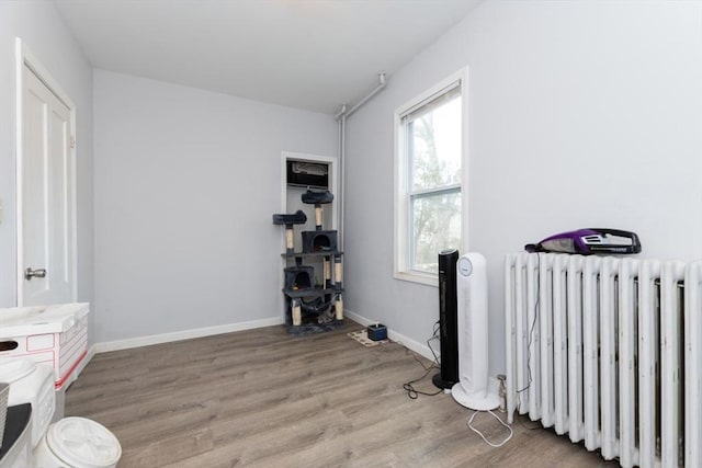 workout area featuring baseboards, light wood-style floors, and radiator