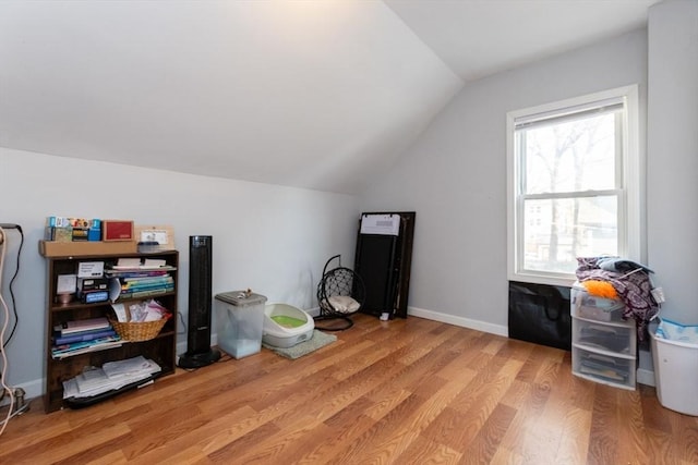 interior space with lofted ceiling, light wood finished floors, and baseboards