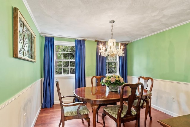 dining room with a chandelier, ornamental molding, a wainscoted wall, wood finished floors, and a textured ceiling