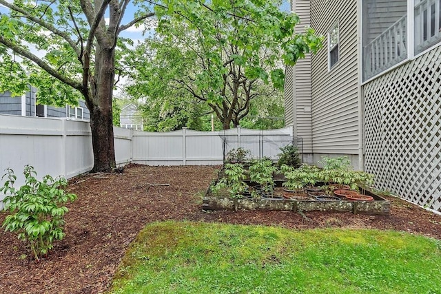 fenced backyard featuring a vegetable garden