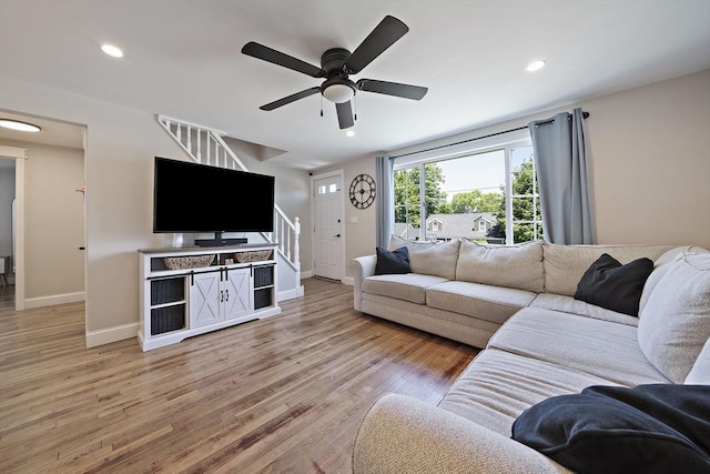 45 Weyham Rd, Weymouth, MA 02191 - living area featuring stairs, light wood-type flooring, baseboards, ceiling fan, and recessed lighting