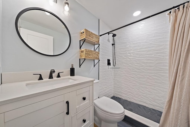 45 Weyham Rd, Weymouth, MA 02191 - full bathroom featuring toilet, vanity, a tile shower, and recessed lighting