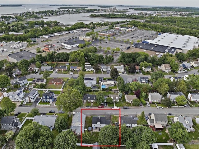 45 Weyham Rd, Weymouth, MA 02191 - aerial view of residential area with a nearby body of water and property parcel outlined