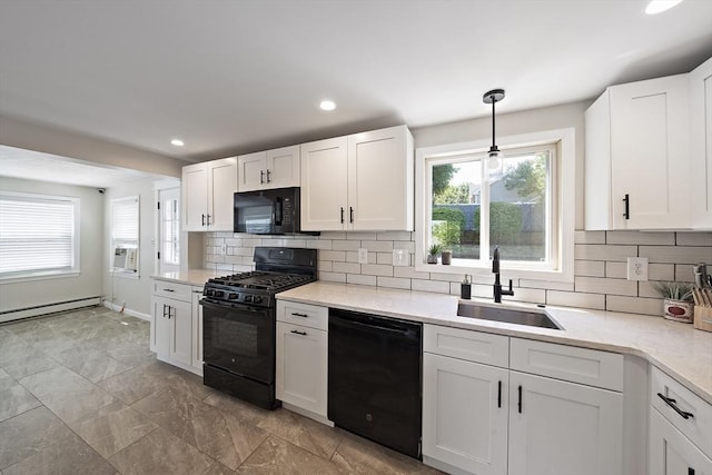 45 Weyham Rd, Weymouth, MA 02191 - kitchen with black appliances, a sink, a baseboard radiator, healthy amount of natural light, and recessed lighting