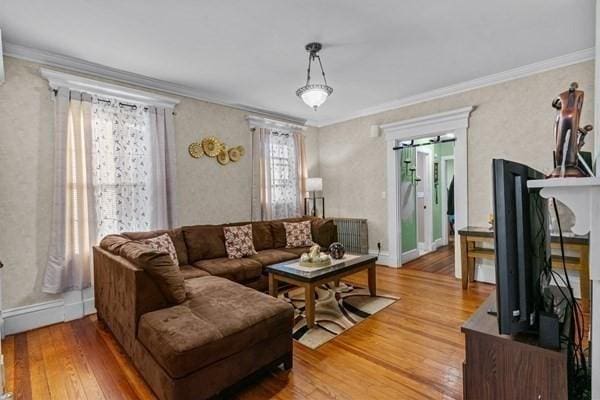 living room featuring ornamental molding, hardwood / wood-style floors, and radiator heating unit