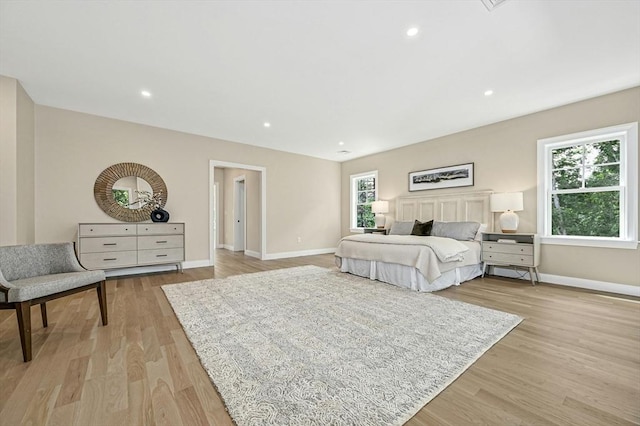 bedroom featuring light hardwood / wood-style floors and multiple windows