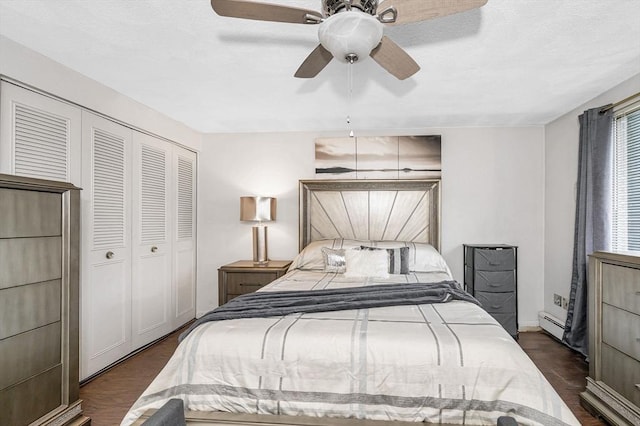 10 Woodcrest Ct Unit 6, Weymouth, MA 02190 - bedroom with a closet, a baseboard radiator, ceiling fan, and dark wood-type flooring