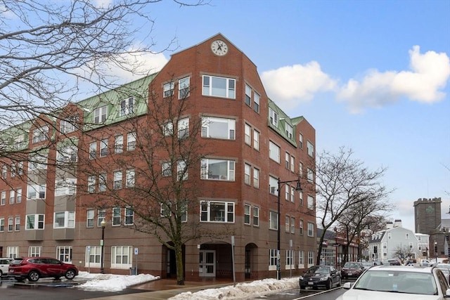 view of snow covered building