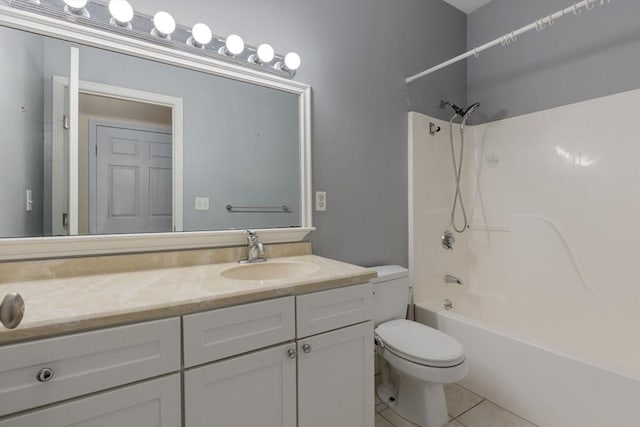 bathroom featuring toilet, shower / bath combination, tile patterned flooring, and vanity