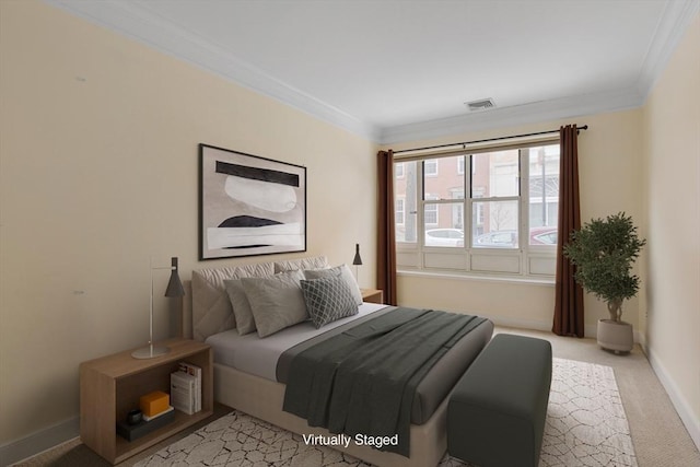 bedroom featuring light carpet, baseboards, visible vents, and crown molding