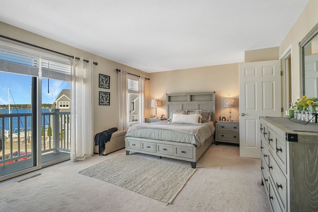 carpeted bedroom featuring access to exterior and a water view