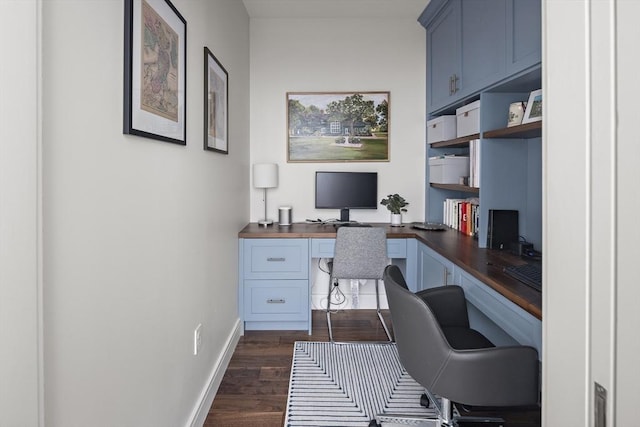 office space with dark wood-type flooring, baseboards, and built in study area