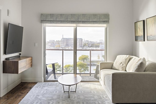 living area with dark wood finished floors, a city view, and baseboards