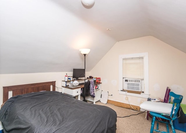 bedroom featuring light carpet, baseboards, cooling unit, and lofted ceiling