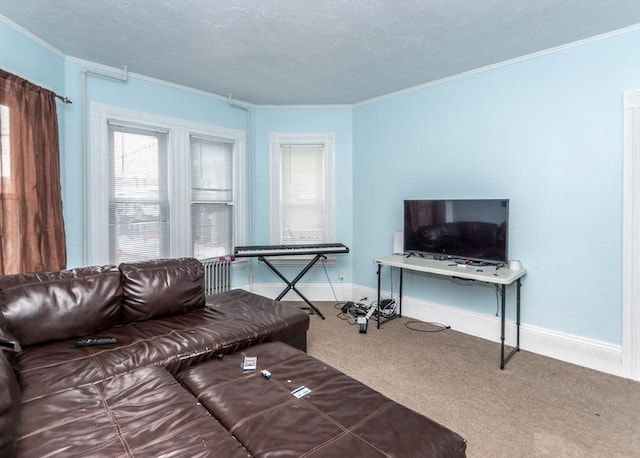 living room with baseboards, carpet, and crown molding