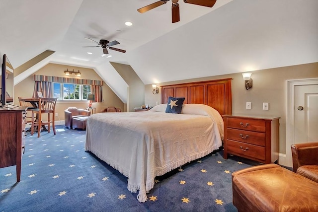 bedroom with a ceiling fan, dark colored carpet, lofted ceiling, and baseboards