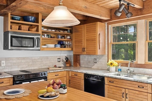 1292 Main St, Lancaster, MA 01523 - kitchen with black appliances, decorative backsplash, plenty of natural light, decorative light fixtures, and a wooden ceiling with exposed beams