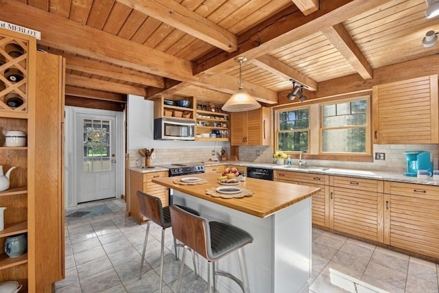 1292 Main St, Lancaster, MA 01523 - kitchen featuring stainless steel microwave, open shelves, a breakfast bar, a wooden ceiling with exposed beams, and black dishwasher