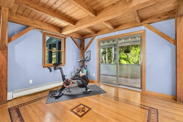 1292 Main St, Lancaster, MA 01523 - workout room with wood ceiling, wood finished floors, and baseboard heating