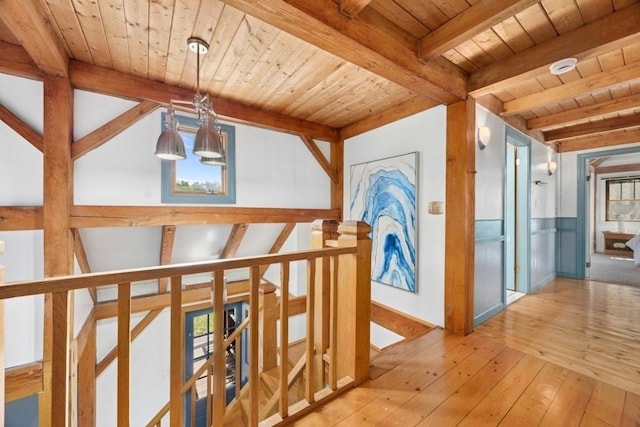 1292 Main St, Lancaster, MA 01523 - corridor with an upstairs landing, hardwood / wood-style flooring, and a wood ceiling with exposed beams