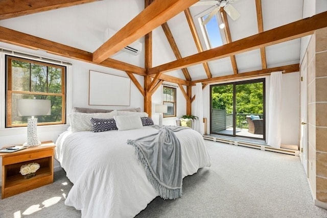 1292 Main St, Lancaster, MA 01523 - carpeted bedroom featuring access to outside, multiple windows, beamed ceiling, an AC wall unit, and high vaulted ceiling