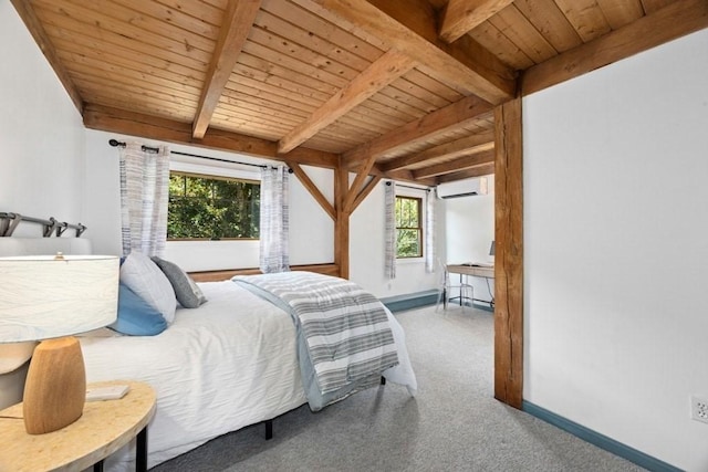 1292 Main St, Lancaster, MA 01523 - bedroom with a wall unit AC, a wood ceiling with exposed beams, and carpet flooring