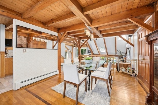 1292 Main St, Lancaster, MA 01523 - dining room featuring a baseboard heating unit, light wood finished floors, and a wooden ceiling with exposed beams