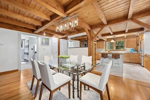 1292 Main St, Lancaster, MA 01523 - dining area with a wood ceiling with exposed beams, light wood-type flooring, and a chandelier