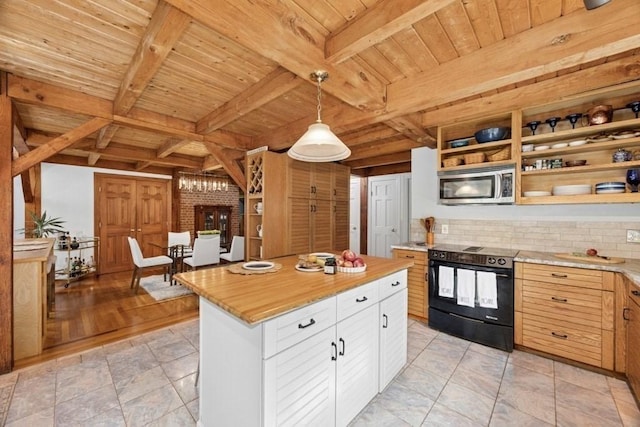 1292 Main St, Lancaster, MA 01523 - kitchen with stainless steel microwave, black electric range, a wooden ceiling with exposed beams, backsplash, and open shelves