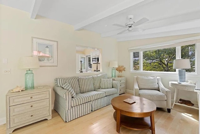 4 Wildwood Ave, Harwich, MA 02645 - living area featuring beam ceiling, light wood-style flooring, and ceiling fan