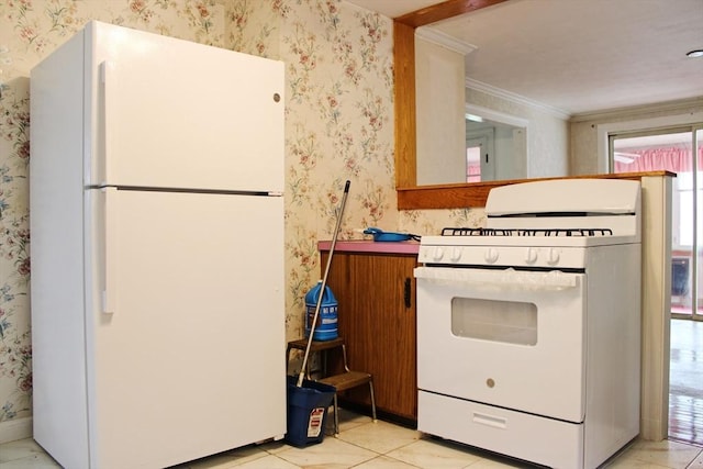 49 Newcomb Rd, Stoneham, MA 02180 - kitchen featuring white appliances, wallpapered walls, and crown molding