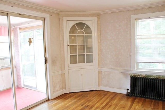 49 Newcomb Rd, Stoneham, MA 02180 - entryway featuring radiator heating unit, light wood-type flooring, ornamental molding, and cooling unit
