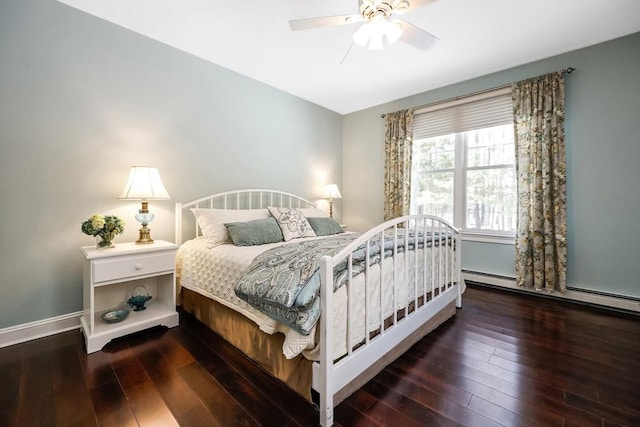 bedroom featuring baseboard heating, ceiling fan, and dark hardwood / wood-style floors