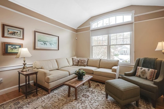 living room featuring crown molding, lofted ceiling, and wood-type flooring