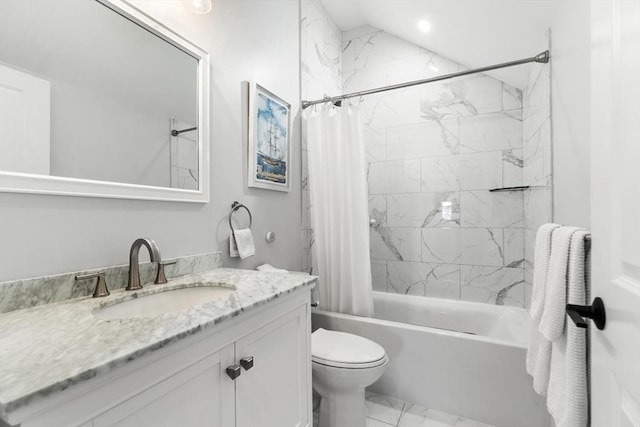 full bathroom featuring marble look tiles, shower / bathtub combination with curtain, vanity, and toilet