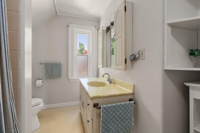23 Hanson St, Wakefield, MA 01880 - full bathroom with vanity, toilet, baseboards, and vaulted ceiling