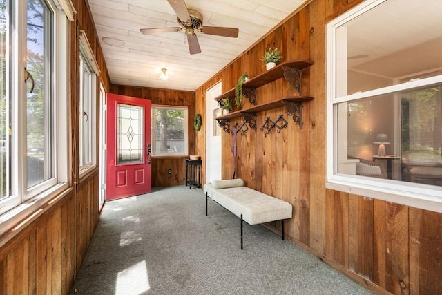 23 Hanson St, Wakefield, MA 01880 - mudroom with wooden walls, carpet, and ceiling fan