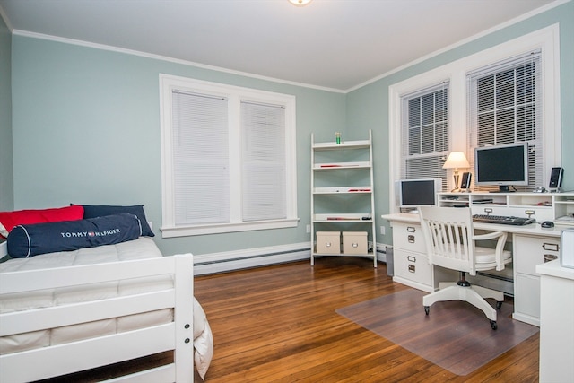 home office featuring baseboard heating, crown molding, and dark hardwood / wood-style flooring